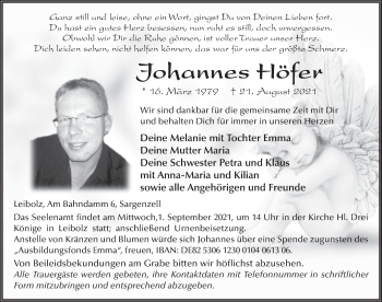 Traueranzeige von Johannes Höfer von FZ
