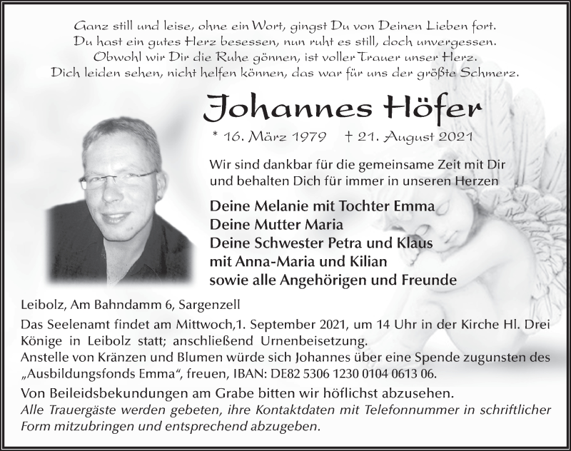 Traueranzeige für Johannes Höfer vom 27.08.2021 aus FZ