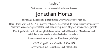 Traueranzeige von Jonathan Horas von FZ