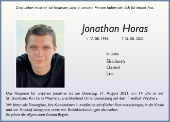 Traueranzeige von Jonathan Horas von FZ