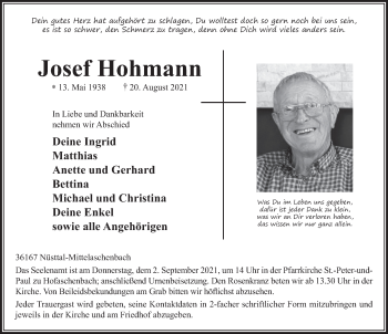 Traueranzeige von Josef Hohmann von FZ