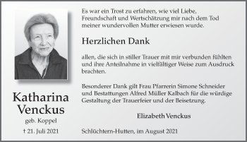 Traueranzeige von Katharina Venckus von FZ