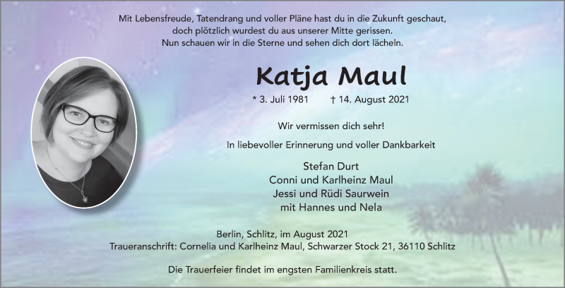  Traueranzeige für Katja Maul vom 21.08.2021 aus FZ