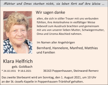 Traueranzeige von Klara Helfrich von FZ