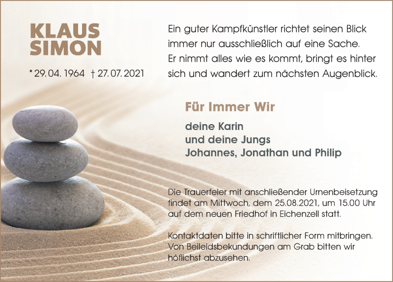 Traueranzeige für Klaus Simon vom 20.08.2021 aus FZ