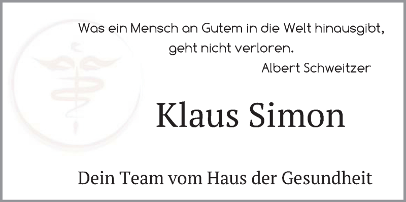  Traueranzeige für Klaus Simon vom 20.08.2021 aus FZ