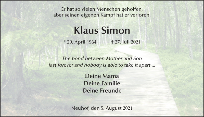  Traueranzeige für Klaus Simon vom 05.08.2021 aus FZ