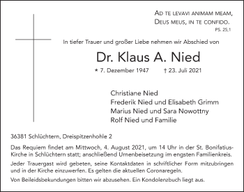 Traueranzeige von Klaus A. Nied von FZ