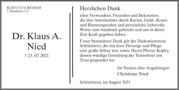 Traueranzeige von Klaus A. Nied von FZ