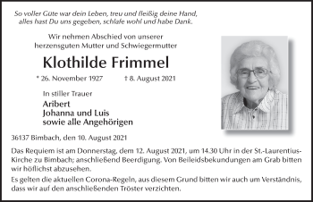 Traueranzeige von Klothilde Frimmel von FZ