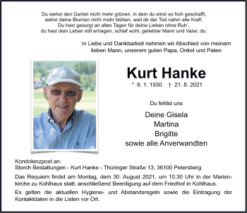 Traueranzeige von Kurt Hanke von FZ
