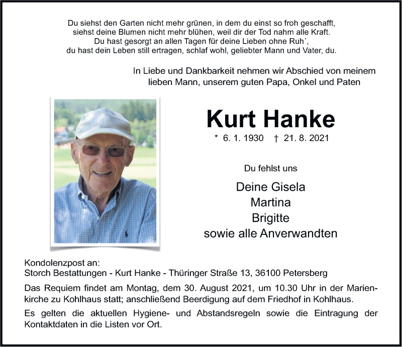  Traueranzeige für Kurt Hanke vom 25.08.2021 aus FZ