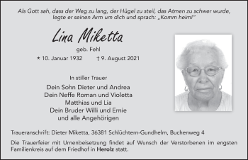 Traueranzeige von Lina Miketta von FZ