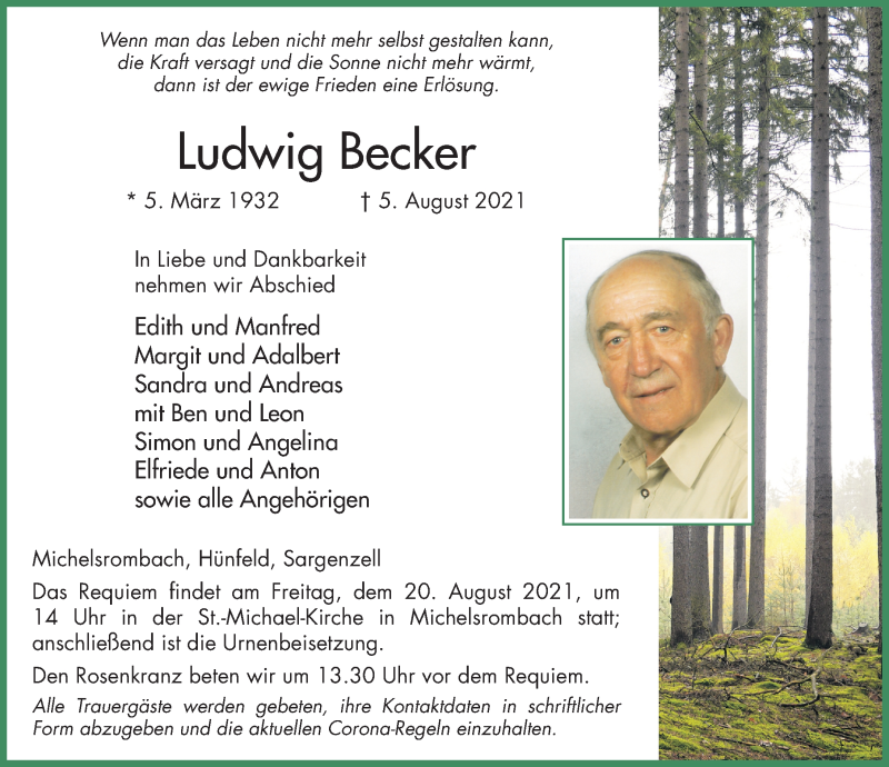 Traueranzeige für Ludwig Becker vom 17.08.2021 aus FZ