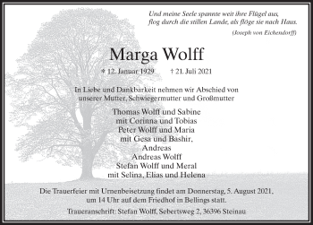 Traueranzeige von Marga Wolff von FZ