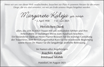 Traueranzeige von Margarete Kaleja von FZ