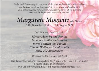 Traueranzeige von Margarete Mogwitz von FZ