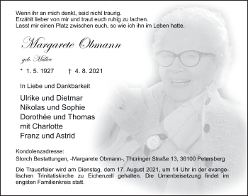 Traueranzeige von Margarete Obmann von FZ
