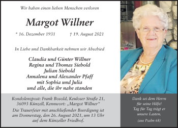 Traueranzeige von Margot Willner von FZ