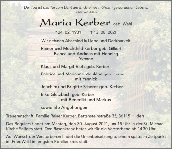 Traueranzeige von Maria Kerber von FZ