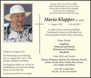 Traueranzeige von Maria Klapper von FZ