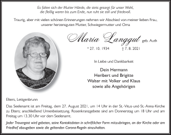 Traueranzeige von Maria Langgut von FZ