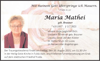 Traueranzeige von Maria Mathei von FZ