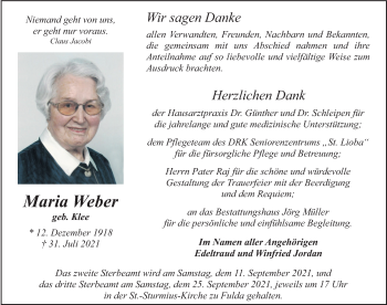Traueranzeige von Maria Weber von FZ