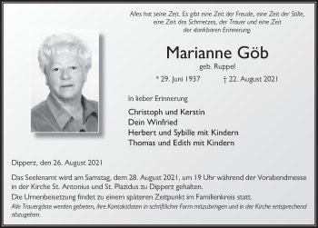 Traueranzeige von Marianne Göb von FZ