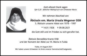 Traueranzeige von Maria Ursula Wegener von FZ