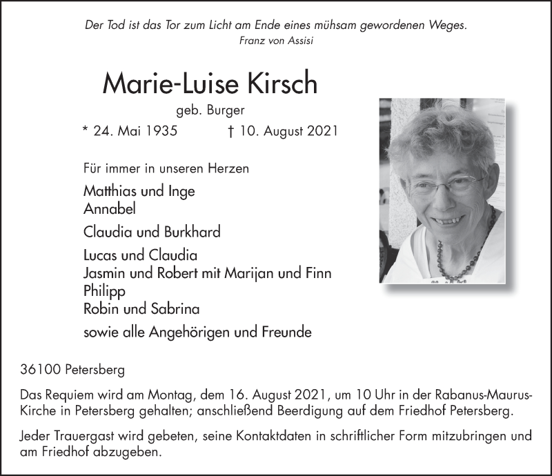 Traueranzeige für Marie-Luise Kirsch vom 14.08.2021 aus FZ