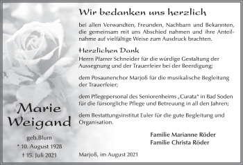 Traueranzeige von Marie Weigand von FZ