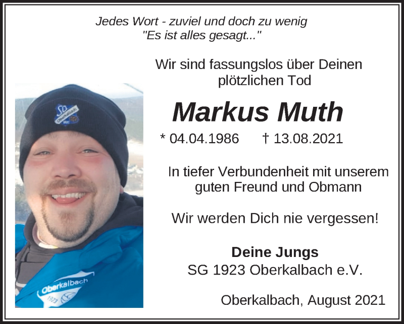  Traueranzeige für Markus Muth vom 19.08.2021 aus FZ