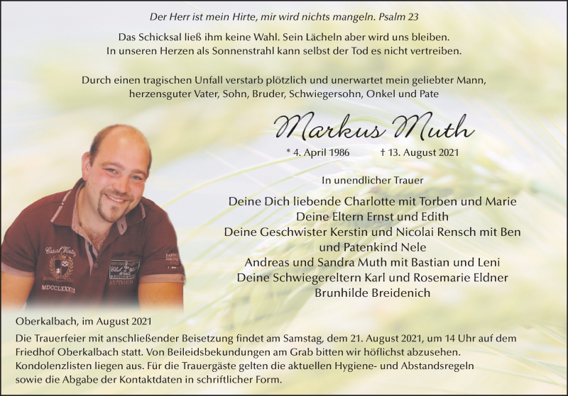  Traueranzeige für Markus Muth vom 19.08.2021 aus FZ