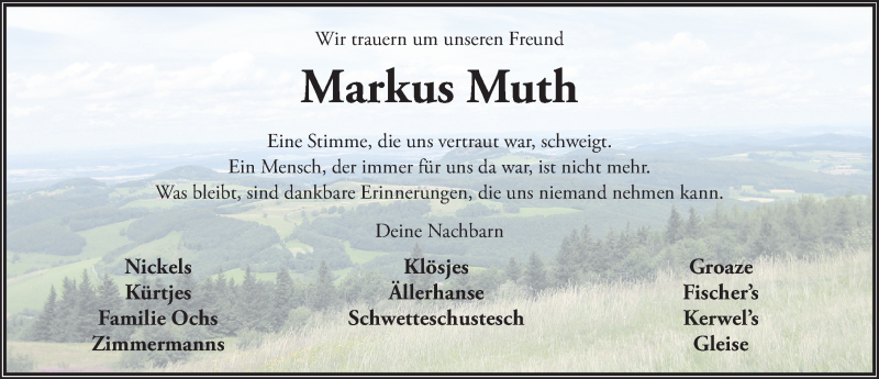  Traueranzeige für Markus Muth vom 19.08.2021 aus FZ