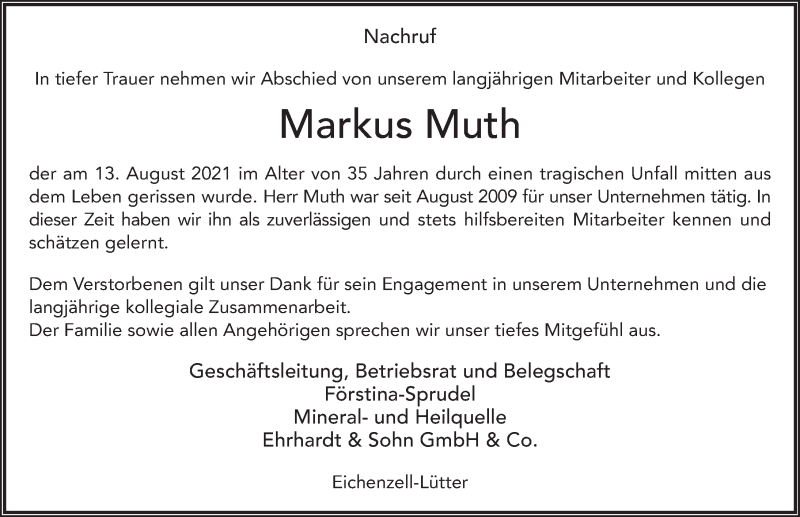  Traueranzeige für Markus Muth vom 19.08.2021 aus FZ