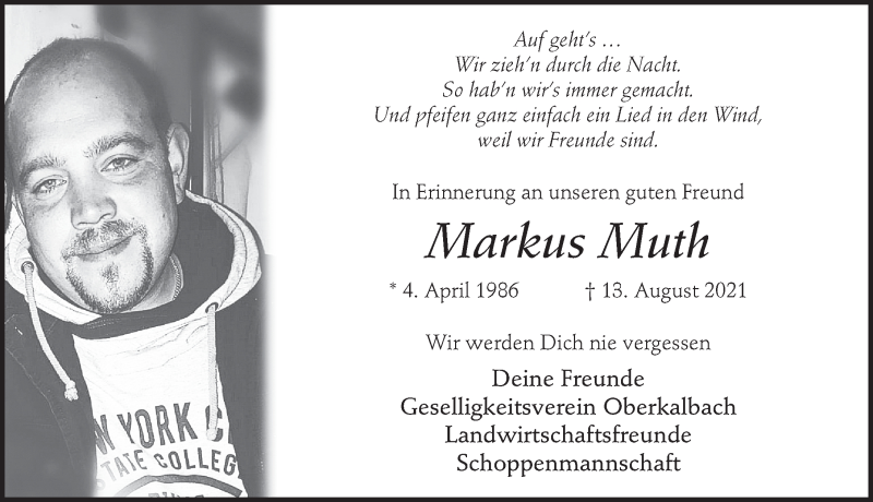  Traueranzeige für Markus Muth vom 19.08.2021 aus FZ