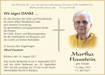 Traueranzeige von Martha Haustein von FZ