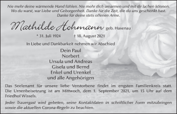 Traueranzeige von Mathilde Hohmann von FZ