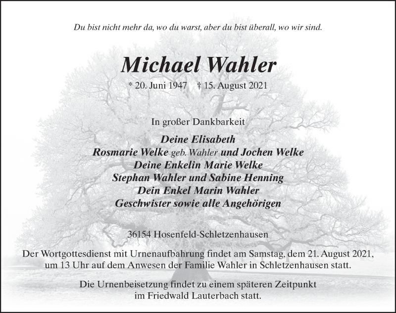  Traueranzeige für Michael Wahler vom 18.08.2021 aus FZ