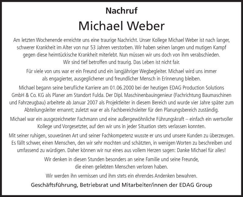  Traueranzeige für Michael Weber vom 25.08.2021 aus FZ