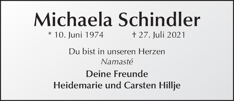  Traueranzeige für Michaela Schindler vom 06.08.2021 aus FZ