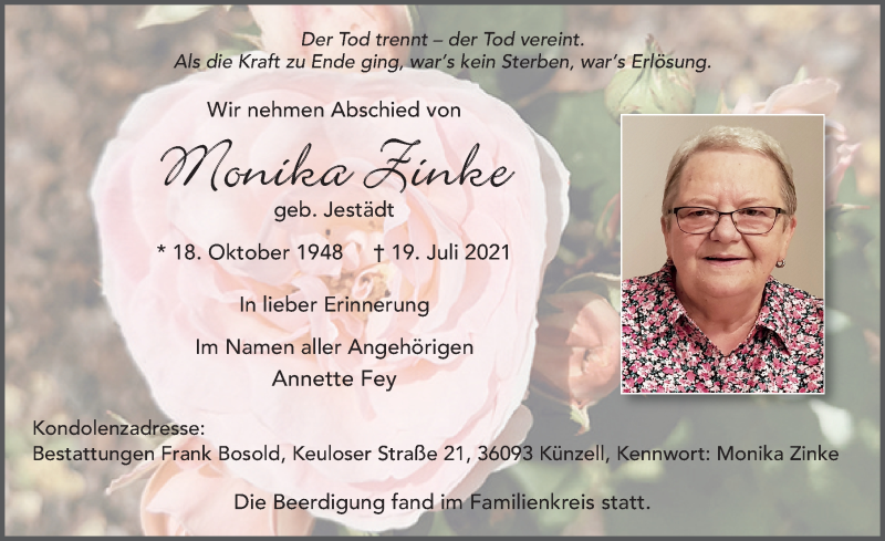  Traueranzeige für Monika Zinke vom 02.08.2021 aus FZ