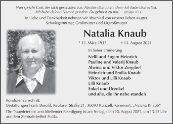 Traueranzeige von Natalia Knaub von FZ