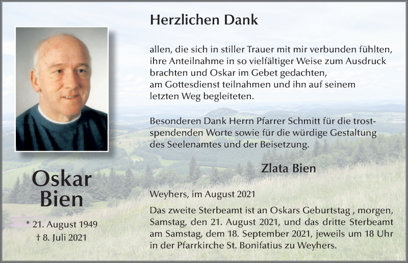  Traueranzeige für Oskar Bien vom 20.08.2021 aus FZ