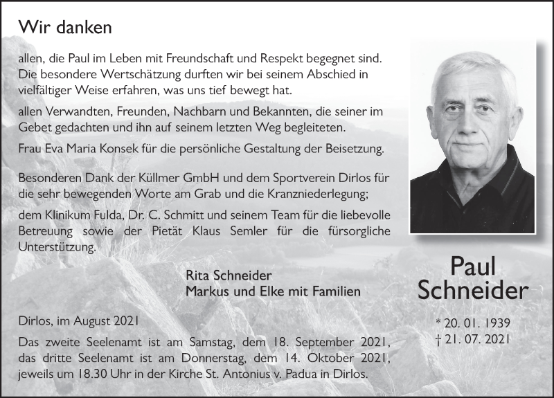  Traueranzeige für Paul Schneider vom 28.08.2021 aus FZ