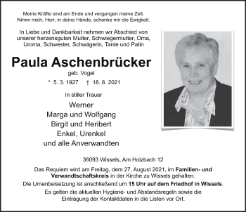 Traueranzeige von Paula Aschenbrücker von FZ