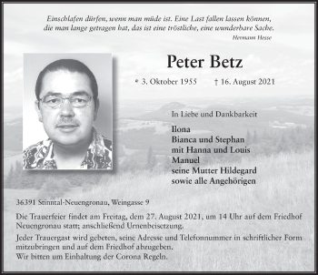 Traueranzeige von Peter Betz von FZ