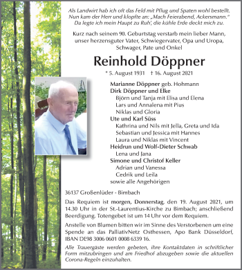 Traueranzeige von Reinhold Döppner von FZ