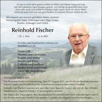 Traueranzeige von Reinhold Fischer von FZ